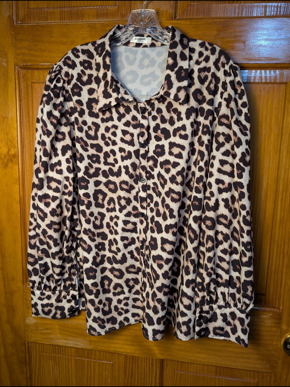 zeagoo Leopard Print Button-Down Blouse - Cream & Brown
